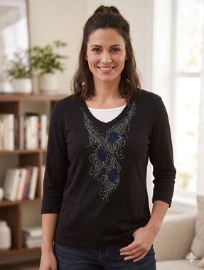 Trilogy by Morning Sun Black Peacock Rhinestone Top - 3/4 Sleeve - Size M